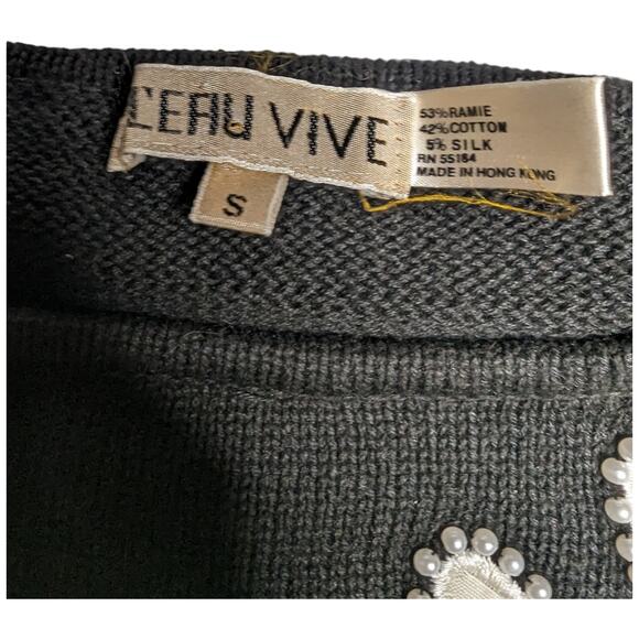 Vtg 1980s L'Eau Vive Black Daisy Pearl Applique Pullover Silk Blend Sweater S - Picture 4 of 4